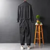 Men's Jeans Long Sleeve Multi Pockets Cargo Jumpsuits With Belt Casual Turn Down Collar Overalls Khaki Black1