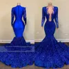 2022 Africano Azul Royal Brilhante Lantejoulas Renda Bling Vestidos de Baile Mangas Compridas Lantejoulas Sereia Tamanho Grande Concurso Vestido de Festa Vestidos de Noite Formais Decote em V Profundo