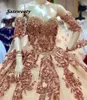 Rose Gold Sparkly Quinceanera Prom Dresses 2022 Modern Sweetheart Lace Aplikacje Cekiny Balowa Suknia Tulle Vintage Wieczór Party
