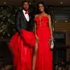 Red Elegante Prom Dresses senza spalline senza maniche 3d Flowers Spalato Tulle A-Line Black Girl Da Sera Party Gowns Plus Size