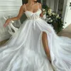 Prinses een lijn trouwjurken dot kant moderne mouwloze vestidos de novia sexy hoge split op maat gemaakte sweep trein bruidsjurken