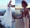 Champagne tule boho trouwjurken 2021 sexy backless prinses bruids jurk kant applicaties 3d bloemen strand bruidsjurken noiva