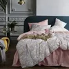 Blad Floral Birds Duvet Cover Set Shabby Navy Blå Egyptisk Bomull Bed Sheet 4 stycken Sängkläder med dold dragkedja Pillow Sham T200706