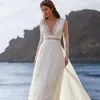 Böhmisches Hochzeitskleid 2021, langärmelig, V-Ausschnitt, bodenlang, Chiffon, A-Linie, Spitze hinten, Brautkleider mit Gürtel, charmant