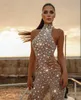 Hoge kraag kristal prom jurken illusie mouwloze jumpsuit kralen Dubai vrouwen sexy avondjurken speciale gelegenheid jurk