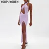 Women Summer Sexy Hollow Long Halter Party Club Dress Off Shoulder Split Backless Ruched Wrap Bodycon Maxi Clubwear Clothing