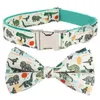 dinosaur leash set with bow tie for big and small dog cotton fabric collar rose gold metal buckle Y200515