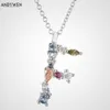 Andywen 925 Sterling Zilver Elegant 26 Letters Hanger Mini Initial F P Ketting Lange Ketting Platum Plated CZ Colar Sieraden Q0531