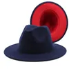 2021 New Outer Turquoise Inner Red Patchwork Wool Felt Jazz Fedora Hats Winter Dark Green Women Elegant Lady Church Panama Cap