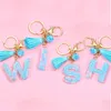 Fashion A-Z Letters Blue Tassel Keychains for Keys Women Jewelry Initial Resin Handbag Pendant Keychain Car Keyring Accessories