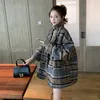 Winter plaid tweed coat pockets female blend coat V-neck double breasted overcoat 201215