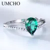 Umcho Green Emerald Gemstone 링 여성용 925 스털링 실버 쥬얼리 낭만적 인 클래식 워터 드롭 러브 링 Y0420