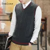 Mannen herfst winter trui v-hals mouwloze vest smart truien slanke gebreide trui plus fluwelen kpop student man kleding 20211