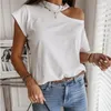 Blusa Sexy con hombros descubiertos de Color liso para mujer, camisas de verano de manga corta, blusas informales holgadas con cuello Halter y espalda descubierta para mujer