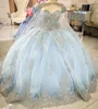 Light Blue Quinceanera Dress 2022 with Cape Sweetheart Lace Applique Beads Puffy Party Princess Sweet 16 Gown Vestidos De 15 Años Quince Special Occasion Glitter