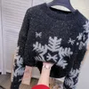 Novo design feminino outono inverno natal ano novo cor vermelha padrão floco de neve lurex retalhos bling mohair suéter de malha de lã