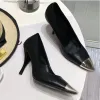 women Dress shoes fashion higr leather Stiletto heel heels 100% cowhide Metal Button Pointed Black Patent shoe Large size 34-41-42 With box