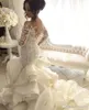 Plus -storlek sjöjungfru bröllopsklänningar spetsar organza rufsade långa ärmar vestido de noiva romantisk anpassad storlek slitage302j