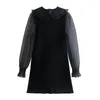 Casual Dresses YENKYE Women Sexy Transparent Organza Long Sleeve Patchwork Knit Dress Vintage Black Autumn Ladies Short Vestido