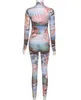 Yoosula automne femmes motif imprimé col roulé à manches longues combinaisons mode salopette extensible 2 pièces vêtements de sport tenue décontractée
