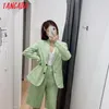 Tangada Frauen grün Baumwolle Leinen Blazer weiblich Langarm elegante Jacke Damen Arbeitskleidung Blazer formelle Anzüge BE753 201114