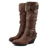 Venda Quente-Meotina Outono Joelho Alta Botas Mulheres Plissadas Spike Salto Botas Long Botas Buckle Ponto Pessoa Sapatos Feminino Inverno Preto Plus Tamanho 34-46