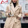 Longue ligne droite avec motif losange manteau d'hiver femmes ceintures décontractées parkas poches profondes col tailleur vêtements d'extérieur élégants 211221