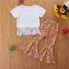 2021 Spring Kid Clothing Sets Short Sleeve Tassel T-Shirt Top + Sunflower Printed Flare Pants 2Pcs/Sets Fashion Boutique Girls Outfits M3160