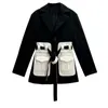 TVVovvin 2020 Spring New Fashion Womens Belt Pu Pockets Suit Collar Black Jacka Womens Patchwork Safari Style Topps LJ201021