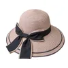 Femmes tissé paille plage soleil chapeau grand ruban nœud papillon large bord pliable seau casquette 28GD1