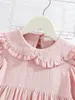 Toddler Girls Embroidery Detail Frill Trim Peter Pan Collar Flounce Sleeve Ruffle Hem Dress SHE