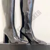 2021 Black Knee Heels 부츠 특허 가죽 세련된 솔리드 뾰족한 여성 여성 허벅지 - 높은 무릎 부츠 패션 Barreled 스트레치 부츠 AW01