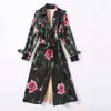 트렌치 코트 유럽과 미국 여성 착용 겨울 새로운 스타일 긴팔 슈트 칼라 레이스 업 패션 장미 인쇄 스웨이드 트렌치 코트