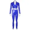 Survêtements pour femmes en cuir PU solide femmes deux pièces ensemble maigre col en v à manches longues décontracté vêtements de salon Sexy Clubwear basique femme Kit Blue1