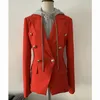 HIGH STREET est Stylish Designer Blazer Jacket Women s Zip rimovibile con cappuccio doppio petto Blazer rosso casual LJ201021