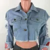 Sexy Trou Dos Nu Cropped Jeans Veste Vintage Broderie Rose Déchiré Femmes Printemps Automne Crop Top Hip Hop Denim Outwear T200827