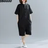 Dimanaf plus size playsuits calças mulheres vestuário verão tamanho grande algodão calças feminino escritório senhora solto macacão preto sólido t200704
