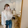 Dingaozlz Neue mode Frauen spitze bluse Korea mode Nähte Mesh Tops Elegante Laterne hülse Weiß Chiffon hemd Blusa LJ200831