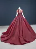 Burgundy Lace Ball Gown Gothic Wedding Dresses Long Sleeves Corset Back Heavily Beading Non White Colored Bridal Gowns Couture