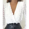 Moda Blusas Mulheres V profundo Neck Top Branco Jacquard longo fêmea da Chic sexy de bolinhas cor sólida malha Blusas