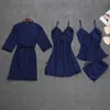 패션 로브 4 조각 가운 + 나이트 드레스 + 탑 + 반바지 실크 새틴 목욕 가운 여름 잠옷 레이스 나이트웨어 여성 Y200429