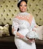 Plus Size African Mermaid Wedding Dresses African Arabic High Neck Long Sleeve Lace Beadings Court Train Luxury Bridal Gowns