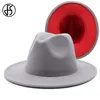 FS 61 cm Gray Red Patchwork Wool Feel Jazz Fedora Hats for Women Unitex Wide Brim Pisme Party Trilby Cowboy Cap Men Gentleman1266t