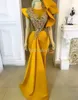 2022 Robes de bal de grande taille arabe Aso Ebi jaune sirène robes de soirée élégantes dentelle perles cristaux soirée formelle fête deuxième réception robes robe EE