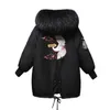 ウィンターパーカーの女性刺繍フード付きファーカラールーズロングコートミュージャー濃い暖かいカジュアルオーバーコートファッションブラックジャケット201210