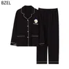 Bzel preto sexy 2 pcs pijamas conjuntos de algodão sleepwear mulheres inverno de manga comprida roupas caseiras pijama femme lounge desgaste grande tamanho 201109