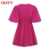 OOTN Fashion Casual Short Dresses Women Lantern Sleeve V-Neck Sexy Black Summer Elegant Pleated A-Line Ladies 220210