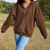 Marrom y2k hoodies mulheres estética vintage zip up sweatshirt winter casaco bolsos manga comprida sólido sólido bordado streetwear q0116