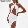 Women Summer Sexy Hollow Long Halter Party Club Dress Off Shoulder Split Backless Ruched Wrap Bodycon Maxi Clubwear Clothing