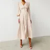 Single Breasted Sexy Dress Party Clud High Waist Satin Long Dress Elegant V Neck Women Midi Dresses Lantern Sleeve